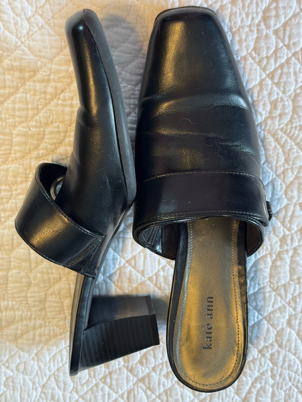 kate spade Black Leather Square-Toe Low Block Heel Mules